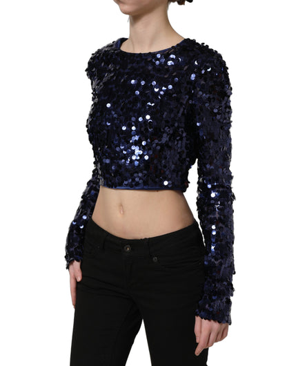 Dolce & Gabbana Blaues Pailletten-Crop-Top mit langen Ärmeln