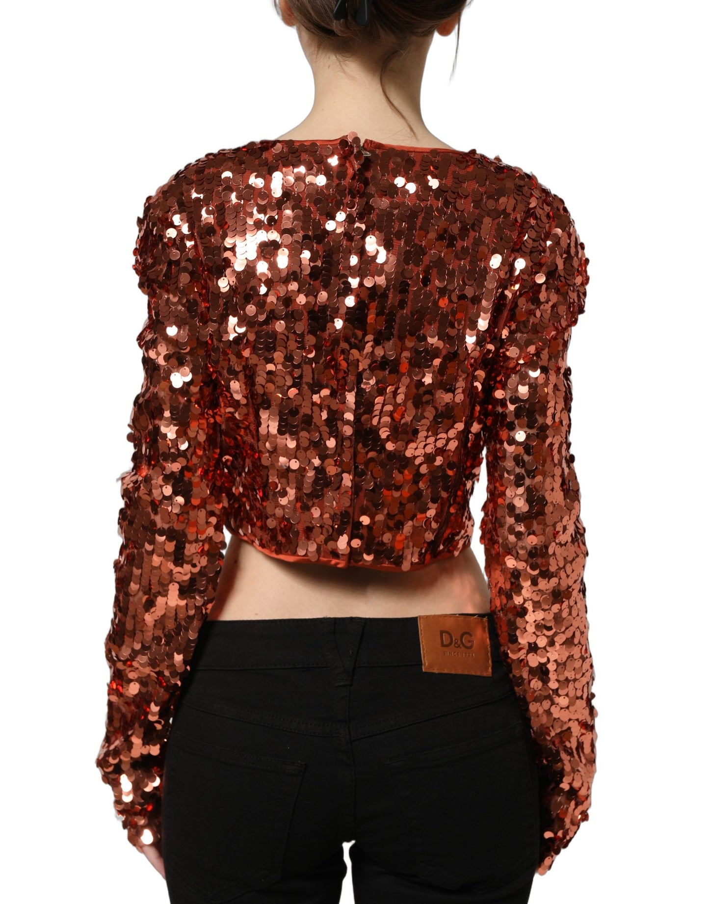 Dolce & Gabbana Rotes Pailletten-Crop-Top mit langen Ärmeln