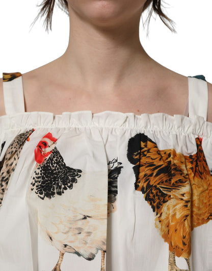 Dolce & Gabbana Weiße Popeline-Bluse mit Hahnendruck, schulterfrei