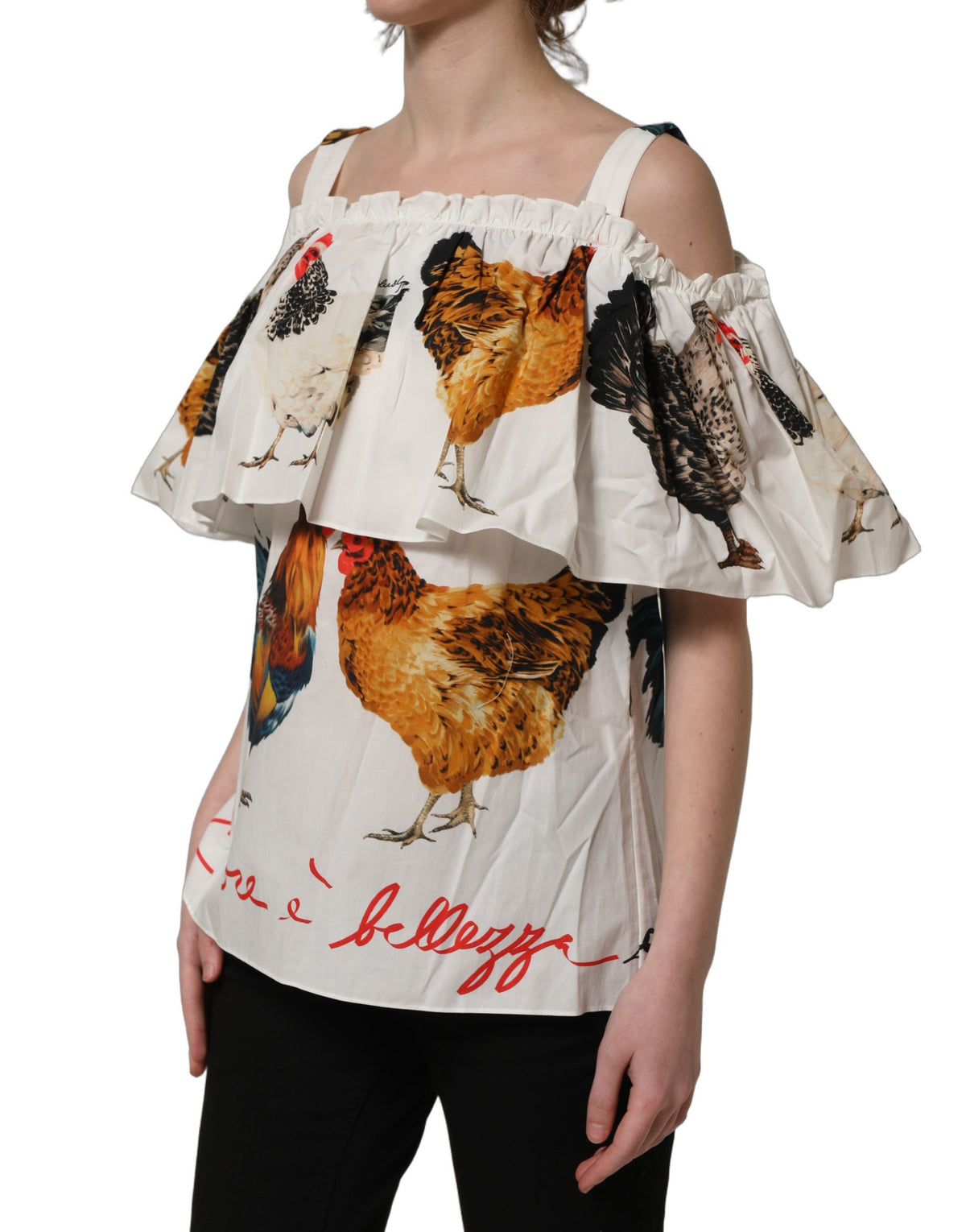 Dolce & Gabbana Weiße schulterfreie Popeline-Bluse mit Hahnendruck