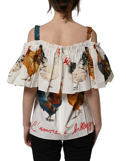 Dolce & Gabbana Weiße Popeline-Bluse mit Hahnendruck, schulterfrei