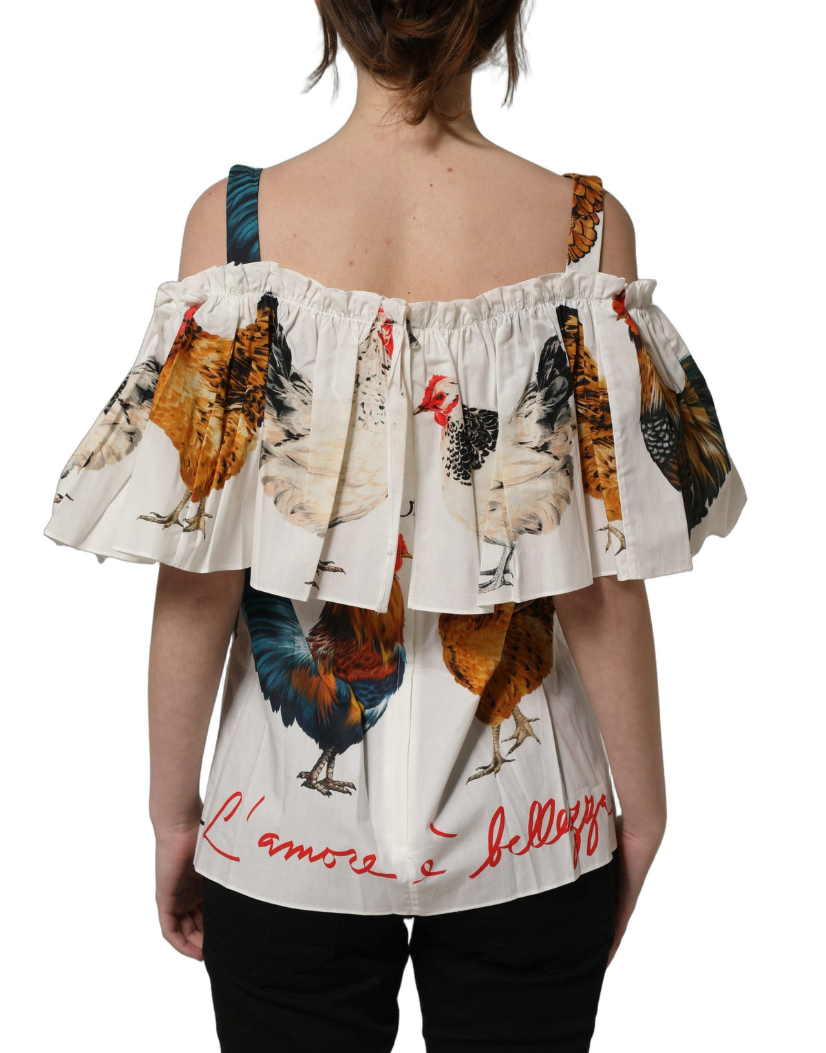 Dolce & Gabbana Weiße schulterfreie Popeline-Bluse mit Hahnendruck