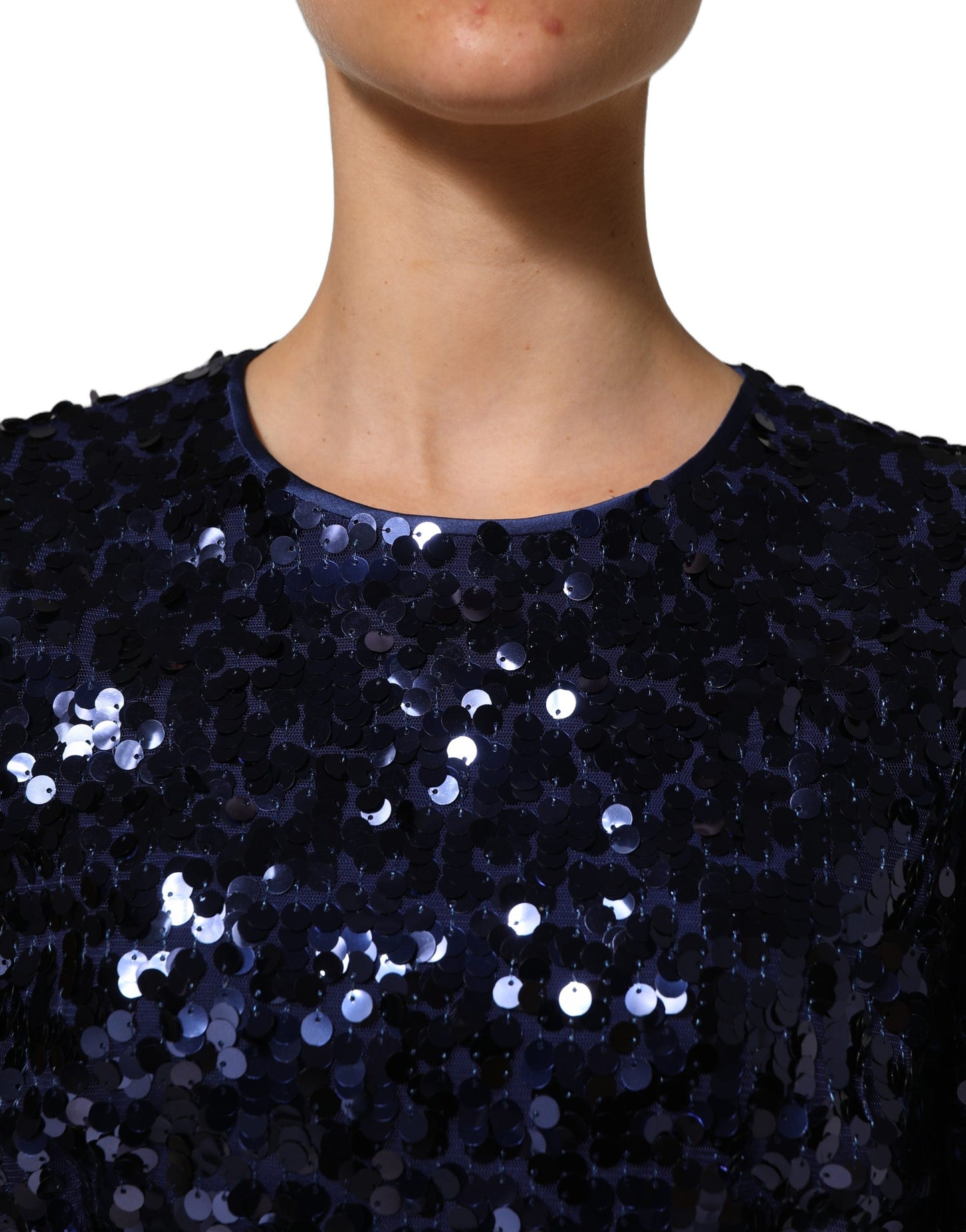 Dolce & Gabbana Blaues Pailletten-Crop-Top mit langen Ärmeln