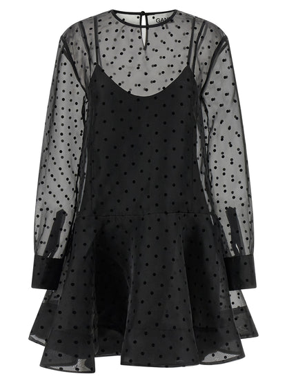 Ganni Schwarzes Kurzkleid aus recyceltem Polyester