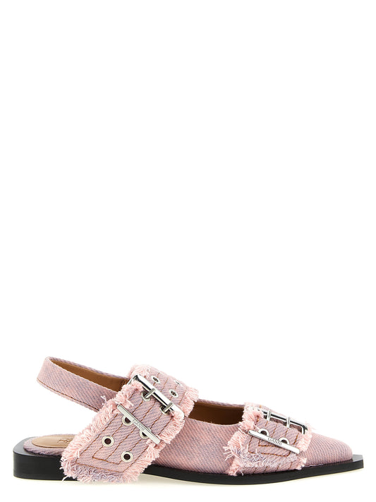 Ganni Pinke Denim Slingback-Ballerinas mit Fransen