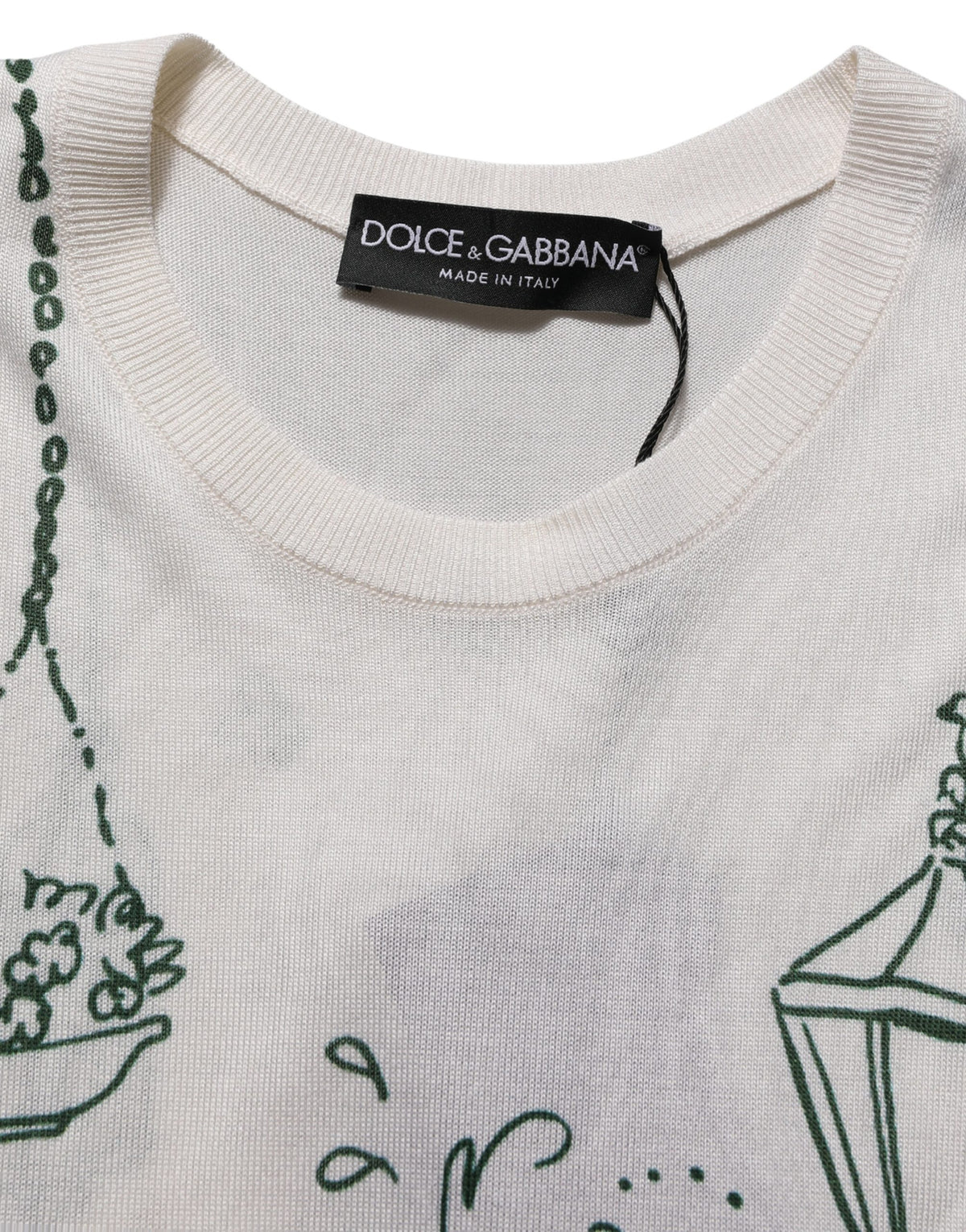 Dolce & Gabbana Weißes Seidenstrick-Top mit „Garden Fountain“-Print