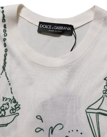Dolce & Gabbana Weißes Seidenstrick-Top mit „Garden Fountain“-Print
