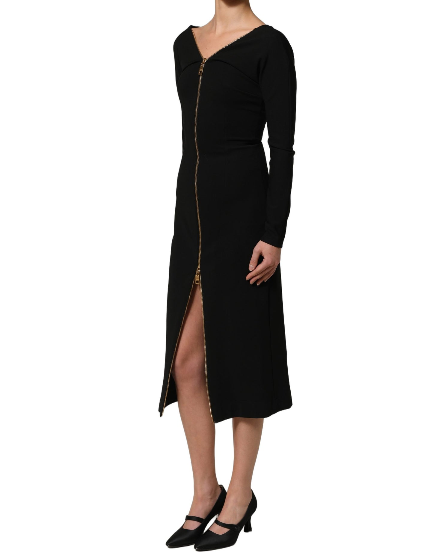 Dolce & Gabbana Schwarzes Midikleid mit langen Ärmeln und durchgehendem Reißverschluss vorne