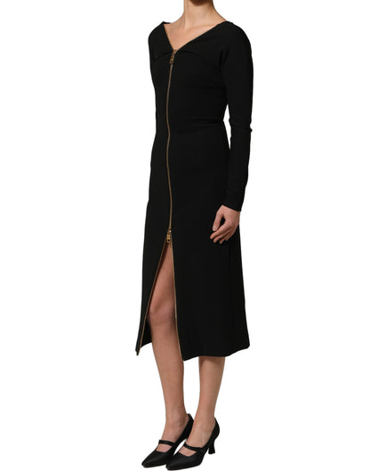Dolce & Gabbana Schwarzes Midikleid mit langen Ärmeln und durchgehendem Reißverschluss vorne
