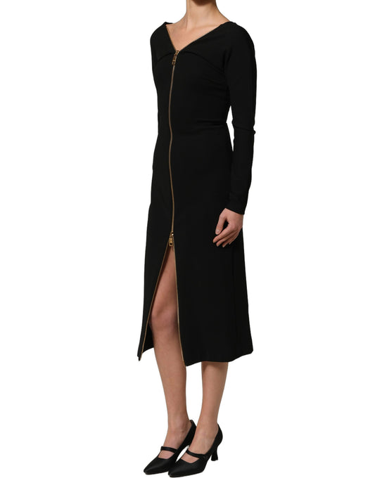Dolce & Gabbana Schwarzes Midikleid mit langen Ärmeln und durchgehendem Reißverschluss vorne