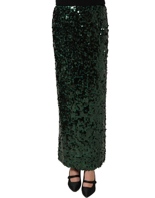 Dolce & Gabbana Grüner Pailletten-Bleistiftrock mit hoher Taille und Midi-Länge