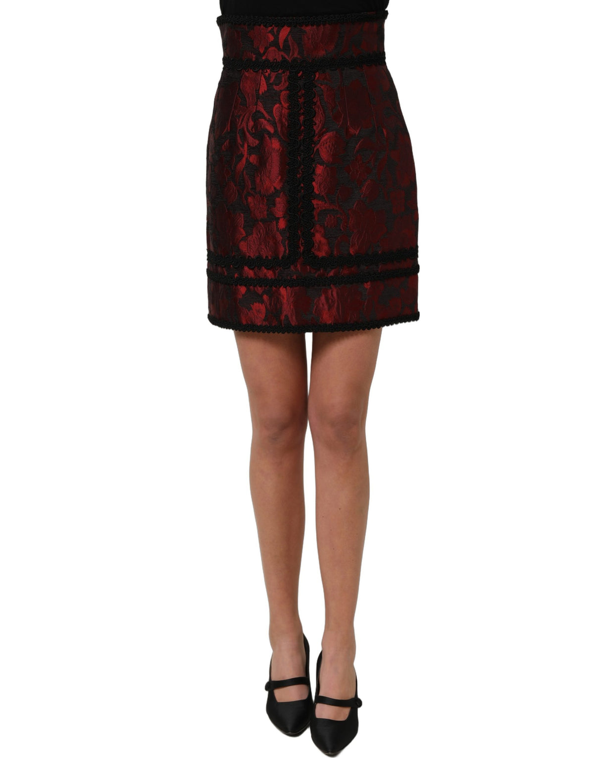 Dolce & Gabbana Red and Black Floral Jacquard Lace Mini Skirt