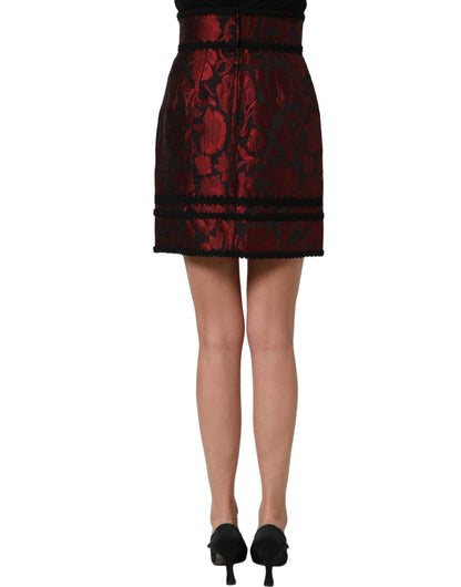 Dolce & Gabbana Red and Black Floral Jacquard Lace Mini Skirt