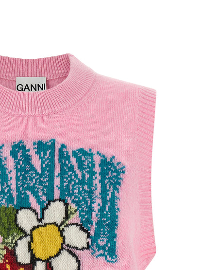 Ganni Ärmelloser Pullover aus mehrfarbiger Wolle