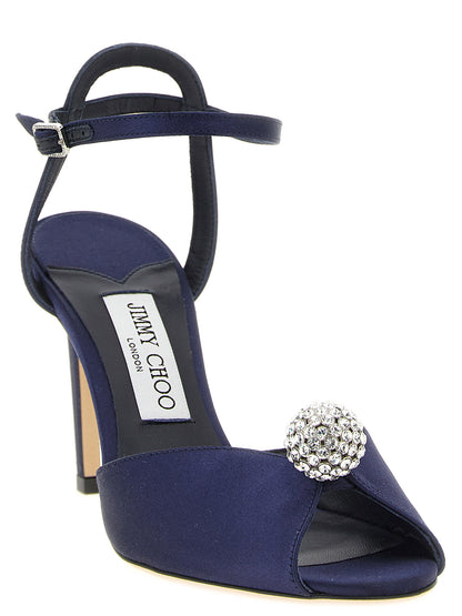 Jimmy Choo Blaue Tencel-Sandalen mit Stilettoabsatz
