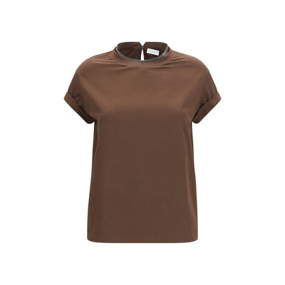 Brunello Cucinelli Braunes T-Shirt aus Elasthan