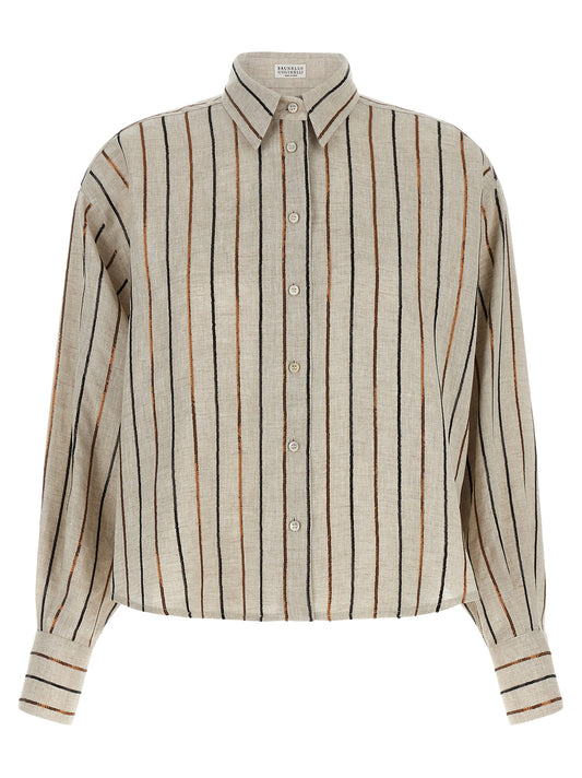 Brunello Cucinelli Camicia beige in lino con Sparkling Stripes