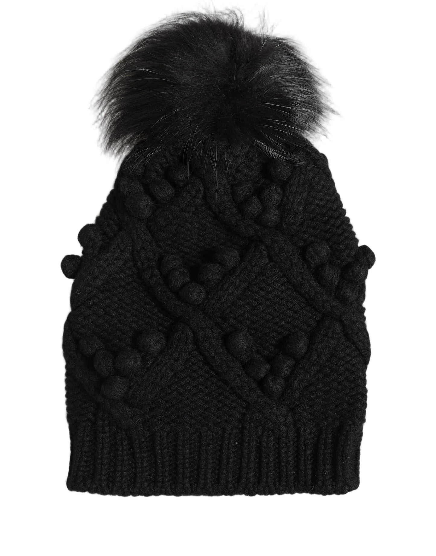 Dolce & Gabbana Schwarze Kaschmir-Strickmütze mit Pelzpompon, Einheitsgröße