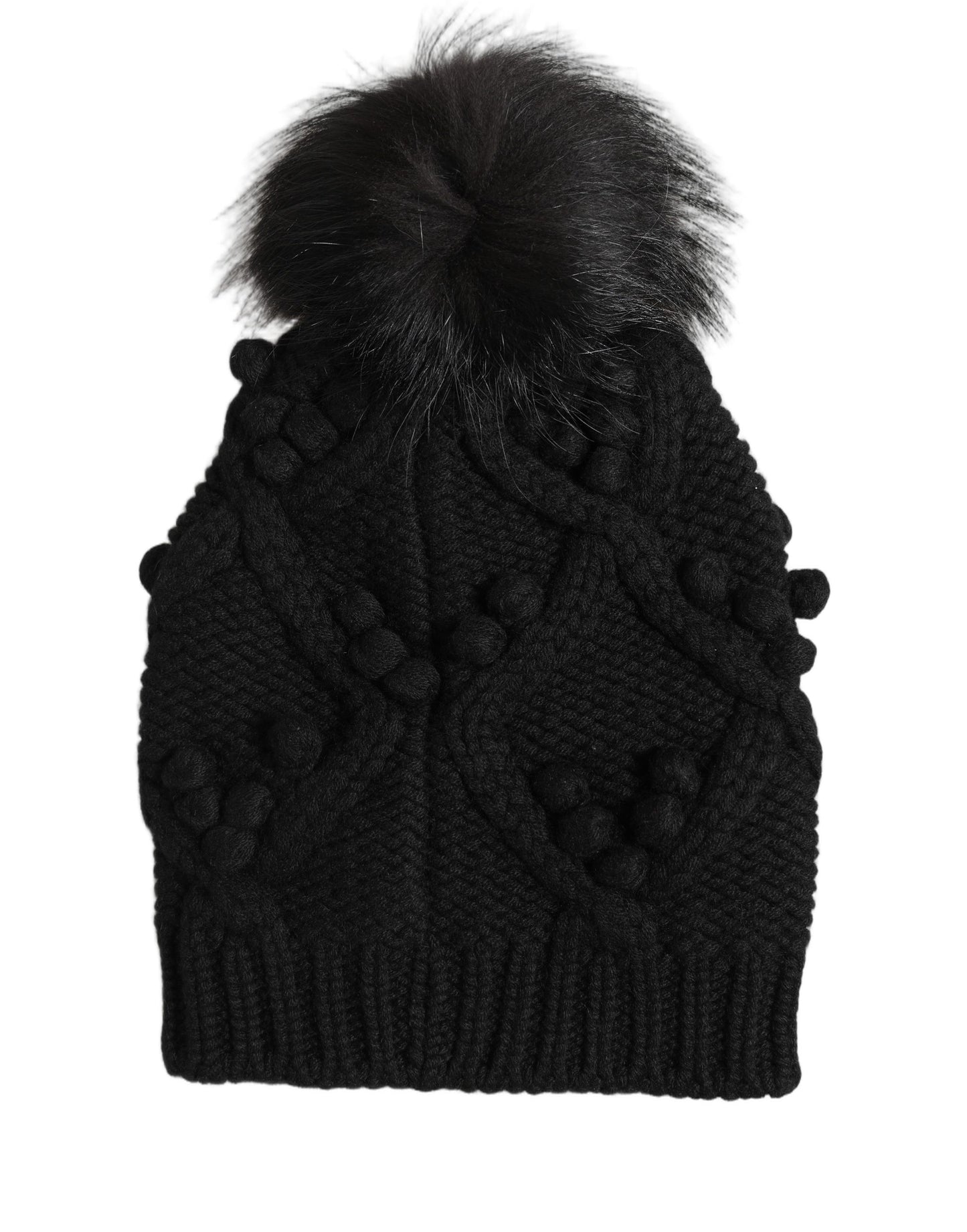 Dolce & Gabbana Schwarze Kaschmir-Strickmütze mit Pelzpompon, Einheitsgröße