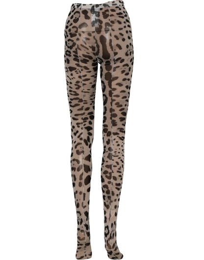 Dolce & Gabbana Graue Nylon-Strumpfhose mit Leopardenmuster