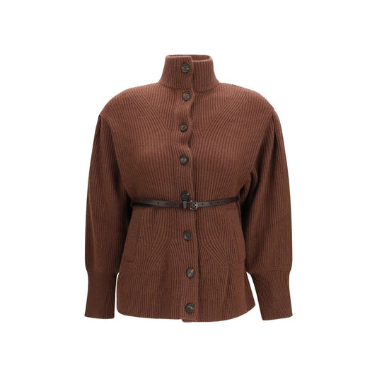 Cardigan marrone in lana e cashmere di Brunello Cucinelli con cintura