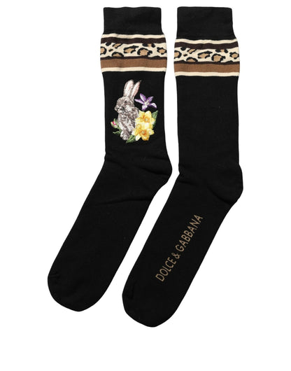 Dolce & Gabbana Schwarze Wollsocken mit Blumen- & Hasenmotiv