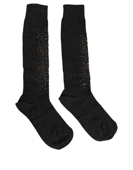 Dolce & Gabbana Dunkelgraue Woll-Kniestrümpfe mit Pailletten