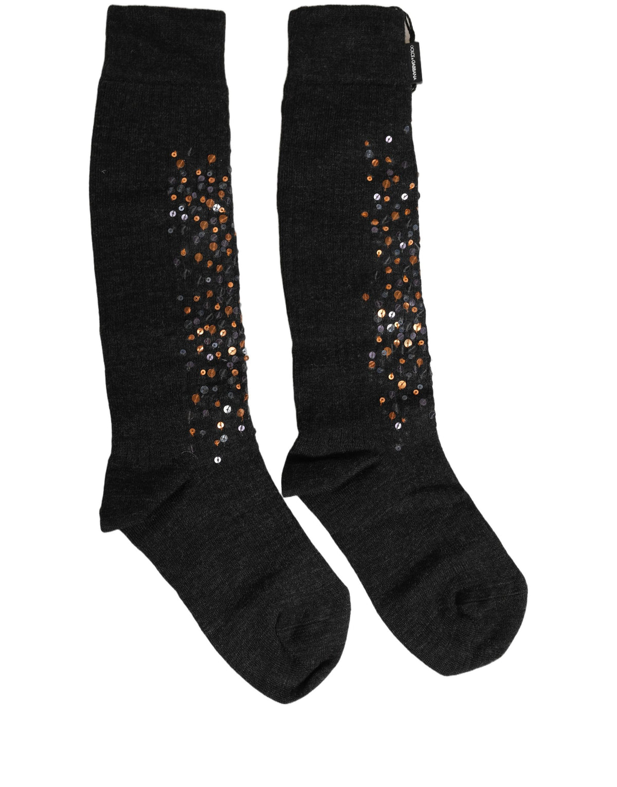 Dolce & Gabbana Dunkelgraue Woll-Kniestrümpfe mit Pailletten