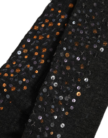 Dolce & Gabbana Dunkelgraue Woll-Kniestrümpfe mit Pailletten