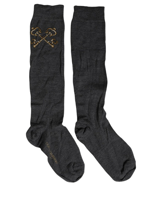 Dolce & Gabbana Dunkelgraue Woll-Kniestrümpfe mit Schlüssel-Logo