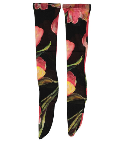 Dolce & Gabbana Schwarz-Pinke Tulpen-Socken aus Nylon