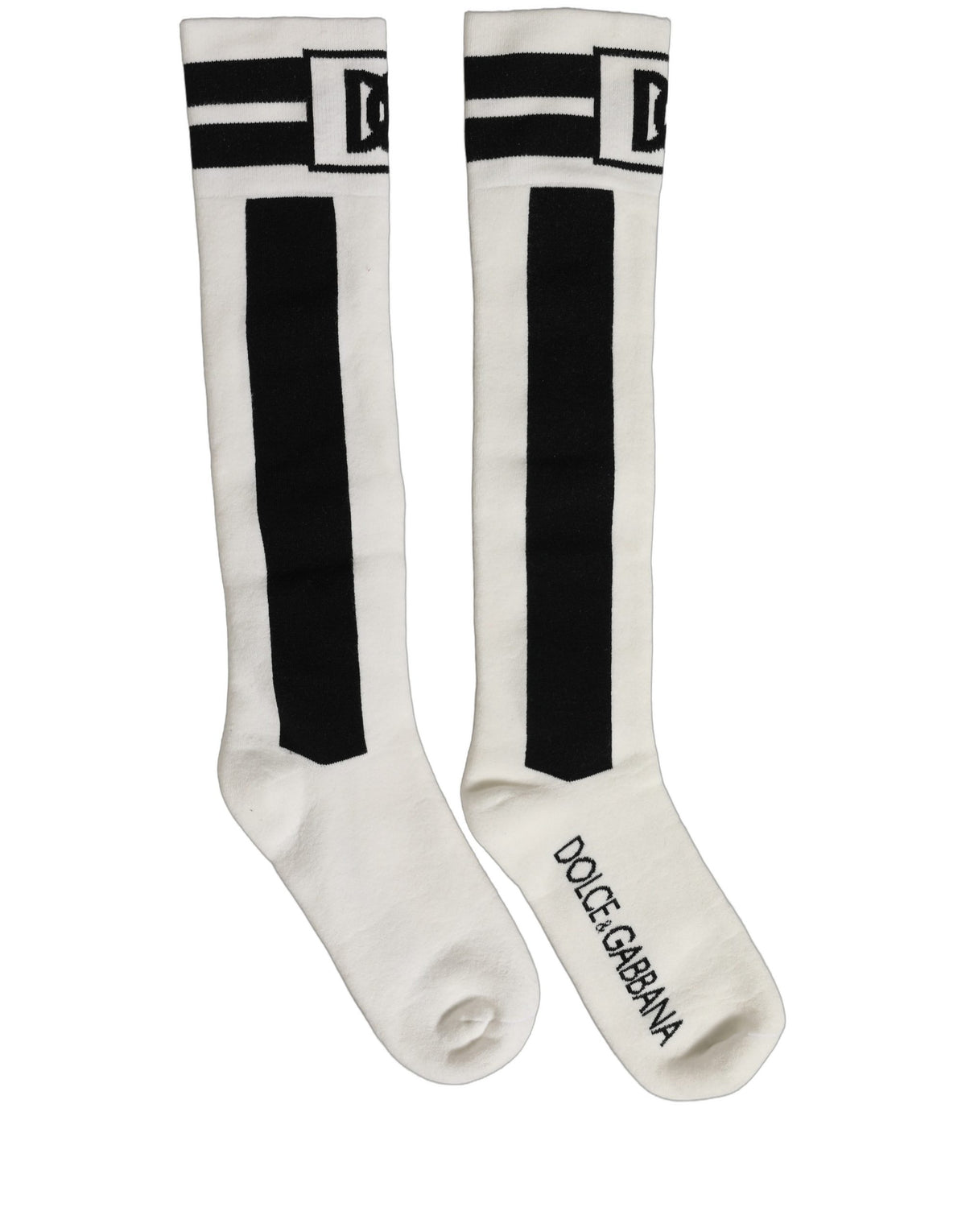 Dolce & Gabbana Weiß-Schwarze Kniestrümpfe aus Baumwoll-Stretch