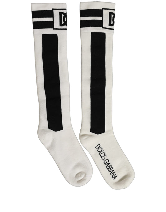 Dolce & Gabbana Weiß-Schwarze Kniestrümpfe aus Baumwoll-Stretch