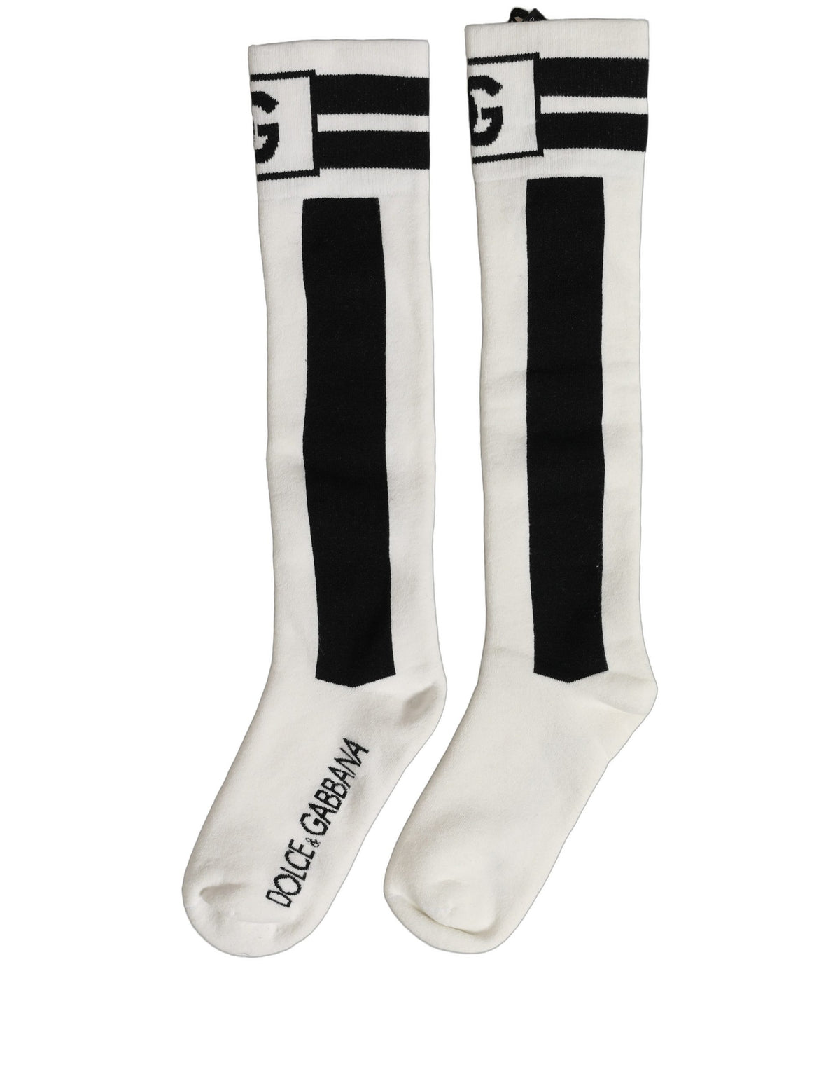 Dolce & Gabbana Weiß-Schwarze Kniestrümpfe aus Baumwoll-Stretch