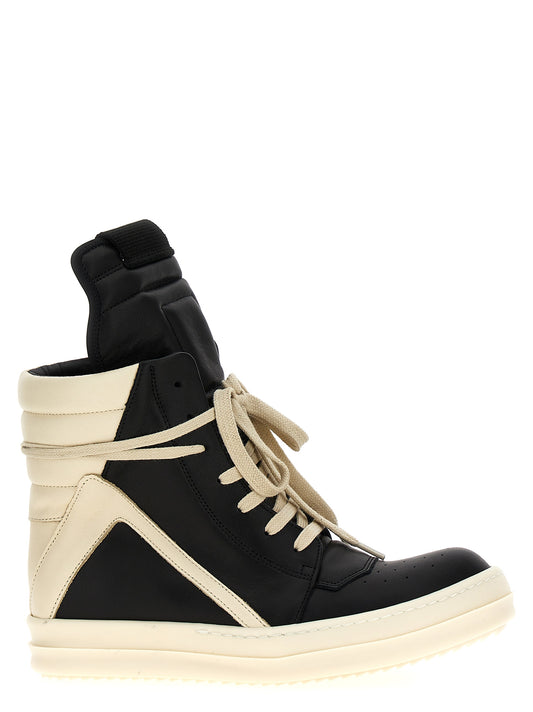 Rick Owens Black and White Calf Leather Geobasket Sneakers