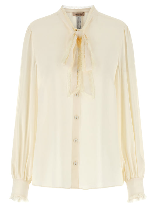 Twinset Blusa bianca con lavallière in viscosa