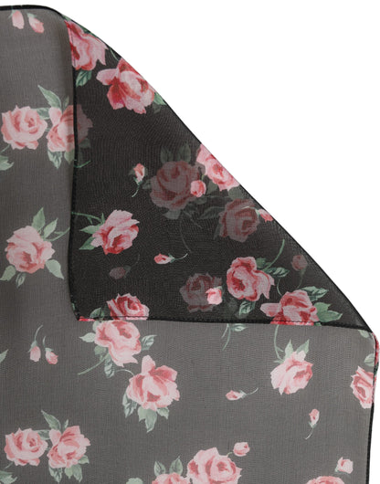 Dolce & Gabbana Stola Nera in Chiffon di Seta con Stampa Rose
