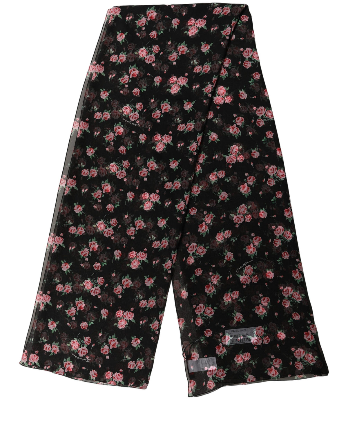 Dolce & Gabbana Stola Nera in Chiffon di Seta con Stampa Rose