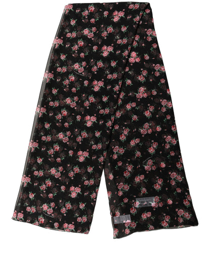 Dolce & Gabbana Stola Nera in Chiffon di Seta con Stampa Rose