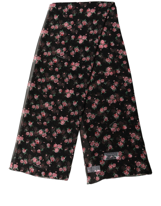 Dolce & Gabbana Schwarze Seidenchiffon-Stola mit Rosenprint