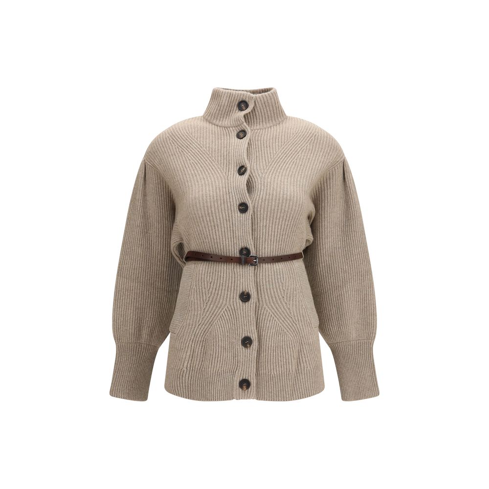 Brunello Cucinelli Beiger Woll-Kaschmir-Strickjacke mit Gürtel