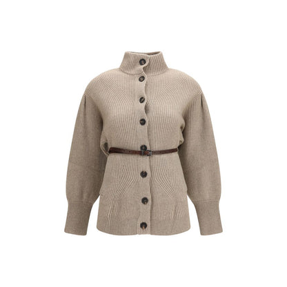 Brunello Cucinelli Beiger Woll-Kaschmir-Strickjacke mit Gürtel