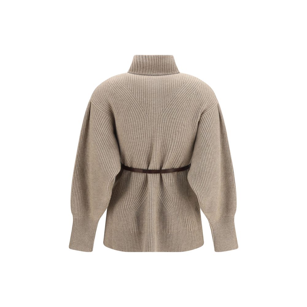 Brunello Cucinelli Beiger Woll-Kaschmir-Strickjacke mit Gürtel