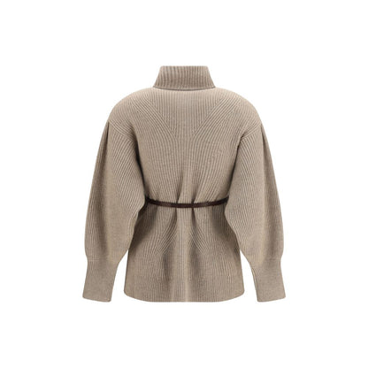 Brunello Cucinelli Beiger Woll-Kaschmir-Strickjacke mit Gürtel