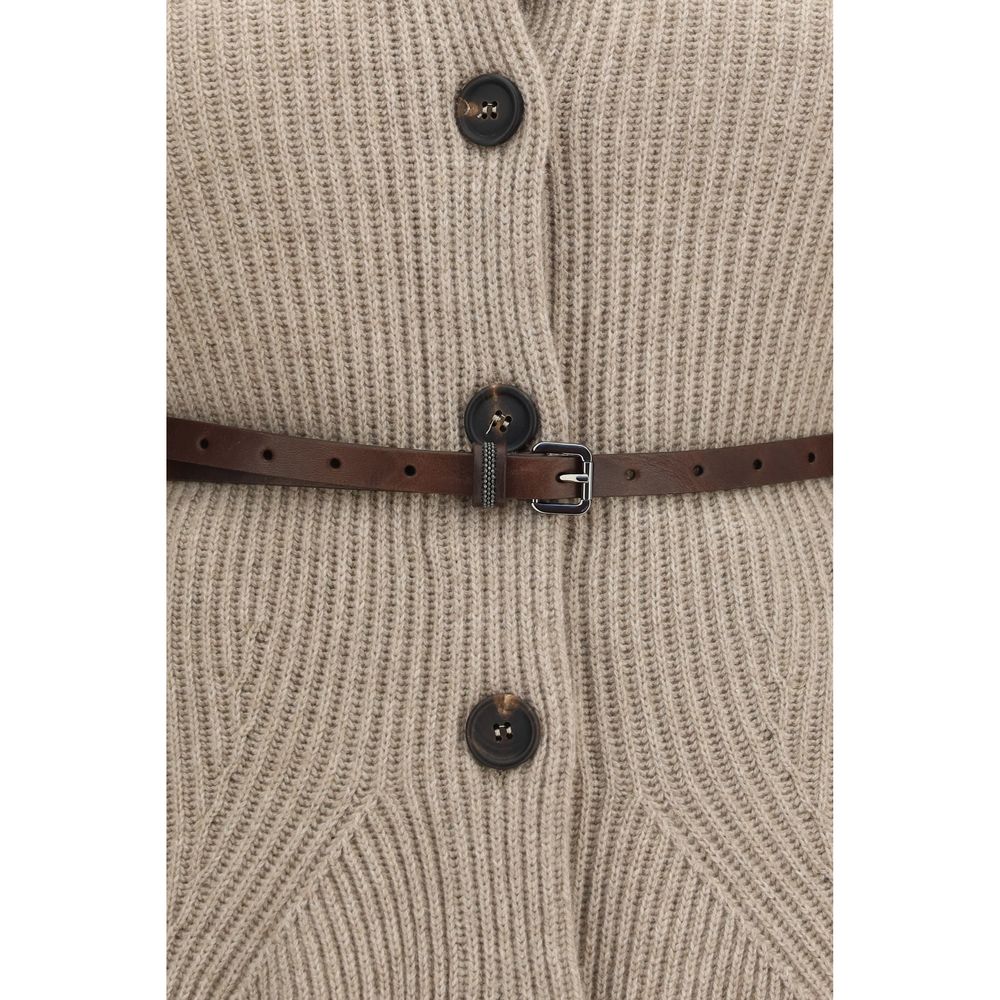 Brunello Cucinelli Beiger Woll-Kaschmir-Strickjacke mit Gürtel
