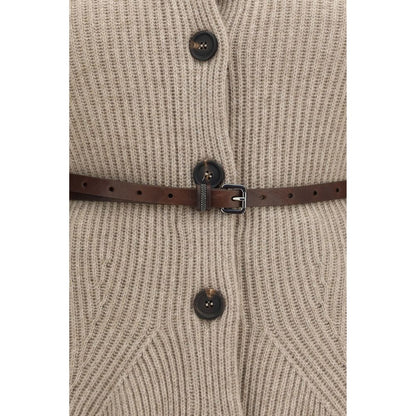 Brunello Cucinelli Beiger Woll-Kaschmir-Strickjacke mit Gürtel