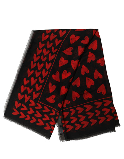 Dolce & Gabbana Stola Nera e Rossa in Cashmere e Seta con Cuori