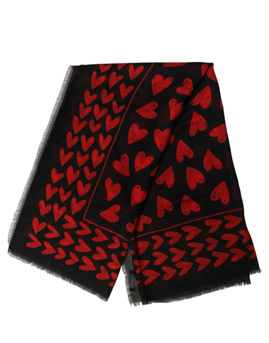 Dolce & Gabbana Stola Nera e Rossa in Cashmere e Seta con Cuori