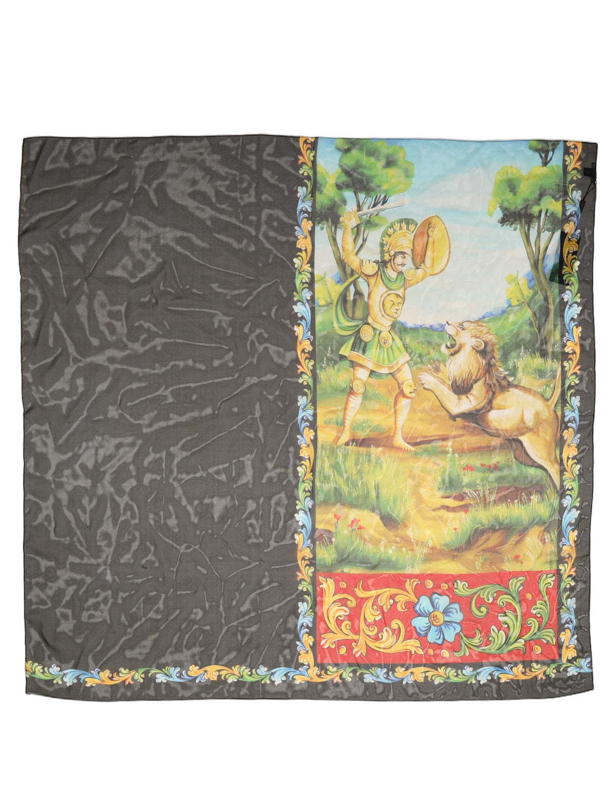 Dolce & Gabbana Foulard Grigio Scuro in Seta con Motivo Cavaliere