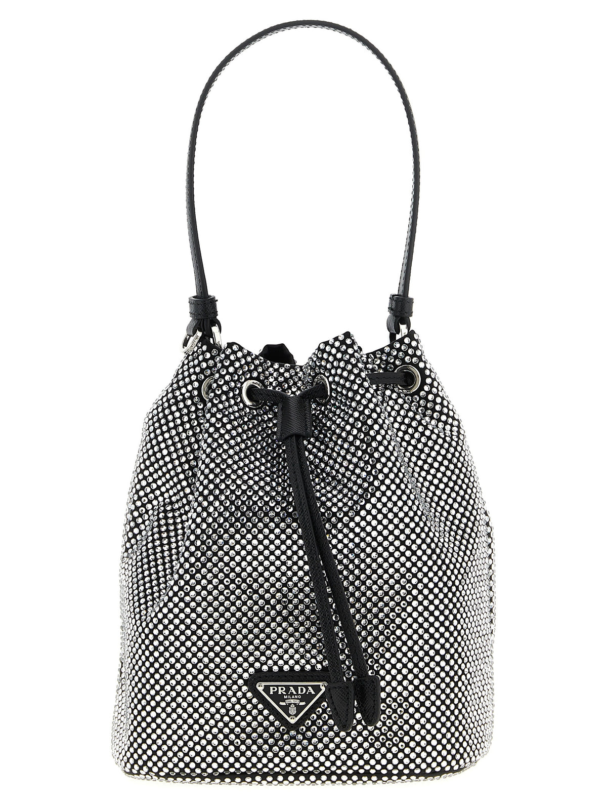 Borsa a secchiello Prada in raso grigio con cristalli